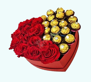 12 Rosas en Caja Corazn y mitad de Bombones Ferrero Rocher